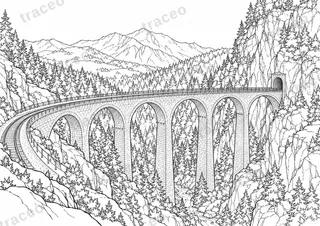 Landscape colouring page of Landwasser Viaduct, drawn in black outlines on white