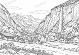 Landscape colouring page of Lauterbrunnen and Staubbach, drawn in black outlines on white