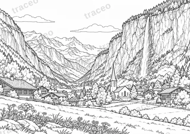 Landscape colouring page of Lauterbrunnen and Staubbach, drawn in black outlines on white