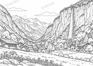 Landscape colouring page of Lauterbrunnen and Staubbach, drawn in black outlines on white