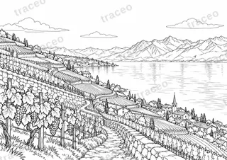 Landscape colouring page of Lavaux Vineyards, drawn in black outlines on white