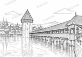 Landscape colouring page of Lucerne and Chapel Bridge, drawn in black outlines on white
