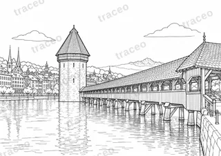 Landscape colouring page of Lucerne and Chapel Bridge, drawn in black outlines on white
