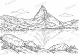 Landscape colouring page of Matterhorn, drawn in black outlines on white