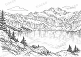 Landscape colouring page of Lake Oeschinen, drawn in black outlines on white