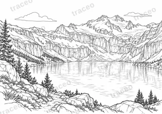 Landscape colouring page of Lake Oeschinen, drawn in black outlines on white