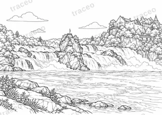 Landscape colouring page of Rhine Falls, drawn in black outlines on white