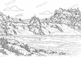 Landscape colouring page of Rhine Falls, drawn in black outlines on white