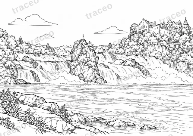 Landscape colouring page of Rhine Falls, drawn in black outlines on white
