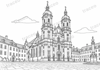 Landscape colouring page of St. Gallen Cathedral, drawn in black outlines on white