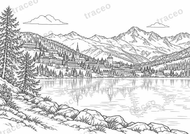 Landscape colouring page of St. Moritz and the Engadin, drawn in black outlines on white