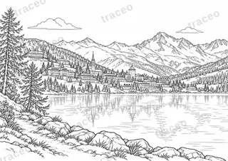 Landscape colouring page of St. Moritz and the Engadin, drawn in black outlines on white