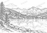 Landscape colouring page of St. Moritz and the Engadin, drawn in black outlines on white