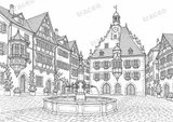 Landscape colouring page of Stein am Rhein, drawn in black outlines on white
