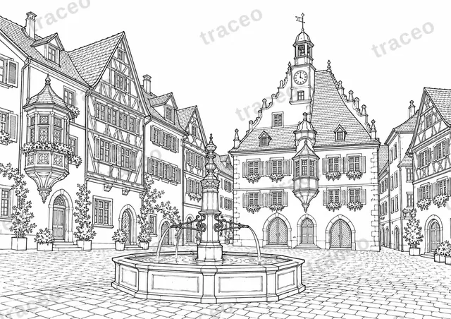 Landscape colouring page of Stein am Rhein, drawn in black outlines on white