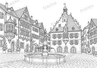Landscape colouring page of Stein am Rhein, drawn in black outlines on white