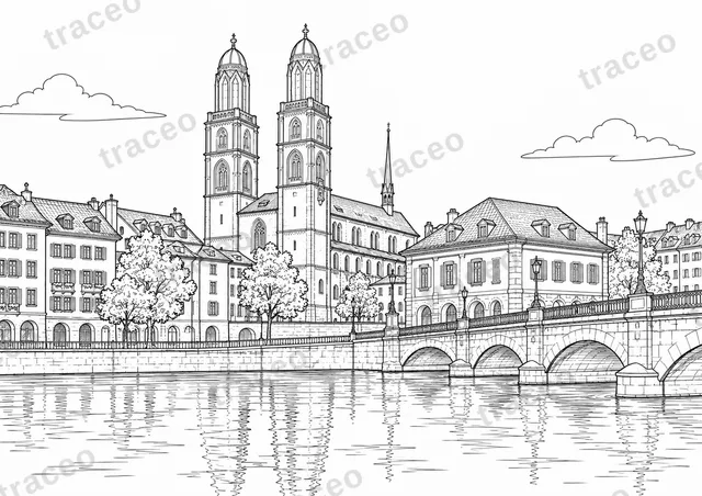 Landscape colouring page of Zurich and Grossmünster, drawn in black outlines on white