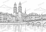 Landscape colouring page of Zurich and Grossmünster, drawn in black outlines on white
