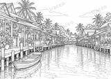 Black-and-white landscape colouring page of Amphawa canal houses