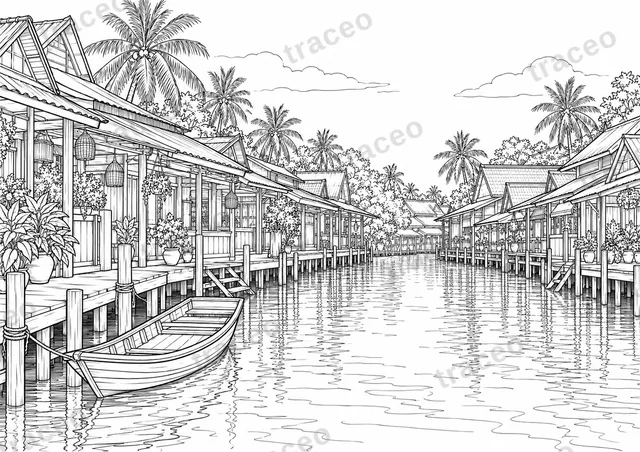 Página para colorear de paisajes en blanco y negro de las casas del canal de Amphawa