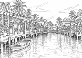 Black-and-white landscape colouring page of Amphawa canal houses