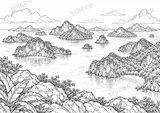 Black-and-white landscape colouring page of Ang Thong island panorama