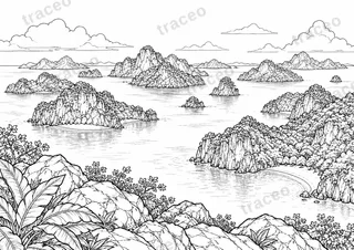Black-and-white landscape colouring page of Ang Thong island panorama