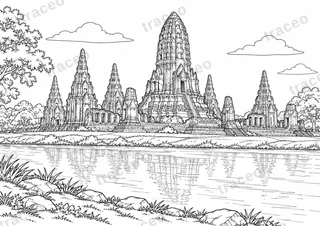 Black-and-white landscape colouring page of Wat Chaiwatthanaram in Ayutthaya