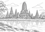 Black-and-white landscape colouring page of Wat Chaiwatthanaram in Ayutthaya