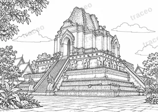 Black-and-white landscape colouring page of Wat Chedi Luang in Chiang Mai