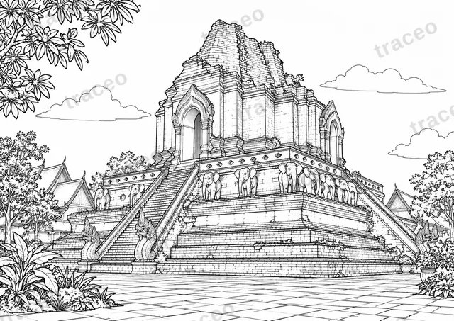 Black-and-white landscape colouring page of Wat Chedi Luang in Chiang Mai