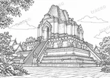 Black-and-white landscape colouring page of Wat Chedi Luang in Chiang Mai