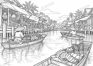 Black-and-white landscape colouring page of Damnoen Saduak floating market