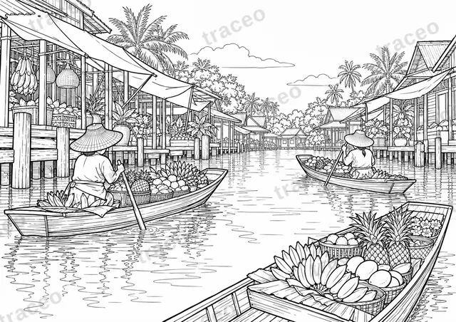 Black-and-white landscape colouring page of Damnoen Saduak floating market