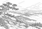 Black-and-white landscape colouring page of Doi Inthanon mountain landscape