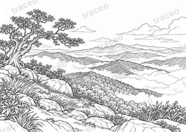 Black-and-white landscape colouring page of Doi Inthanon mountain landscape