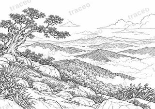 Black-and-white landscape colouring page of Doi Inthanon mountain landscape
