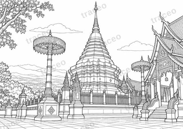 Dibujo para colorear de un paisaje en blanco y negro de Wat Phra That Doi Suthep
