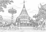 Black-and-white landscape colouring page of Wat Phra That Doi Suthep