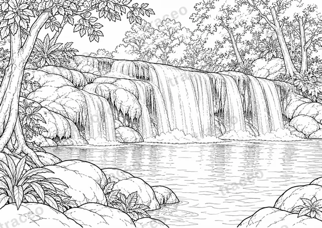 Black-and-white landscape colouring page of Erawan waterfall