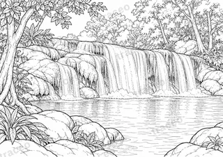 Black-and-white landscape colouring page of Erawan waterfall