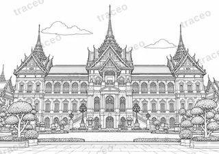 Black-and-white landscape colouring page of Bangkok's Grand Palace