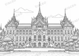 Black-and-white landscape colouring page of Bangkok's Grand Palace