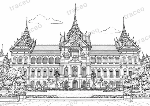 Black-and-white landscape colouring page of Bangkok's Grand Palace