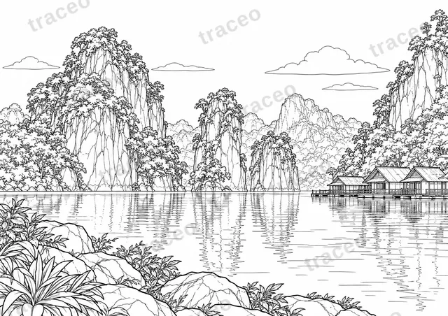 Black-and-white landscape colouring page of Cheow Lan Lake in Khao Sok