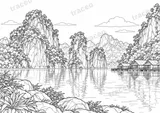 Black-and-white landscape colouring page of Cheow Lan Lake in Khao Sok