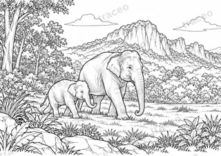 Black-and-white landscape colouring page of Elephants in Khao Yai