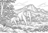 Black-and-white landscape colouring page of Elephants in Khao Yai