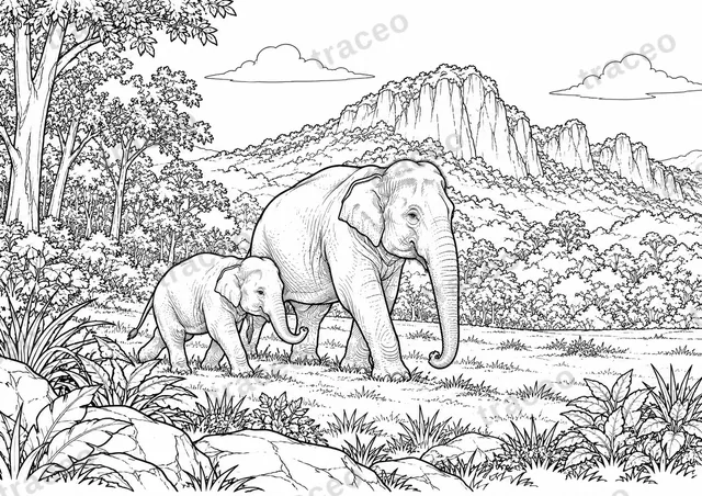 Black-and-white landscape colouring page of Elephants in Khao Yai