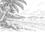 Black-and-white landscape colouring page of Coconut palms of Ko Samui